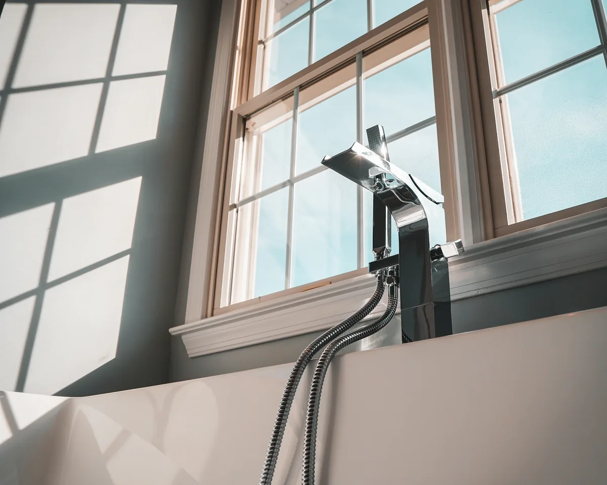 Installer pressure-testing bathroom fixture connections under a sink in a Florida home