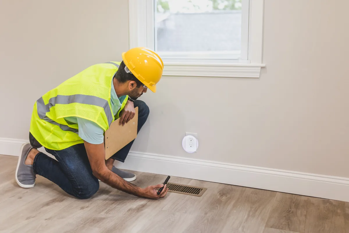Applicator rolling a clear waterborne finish onto freshly sanded oak with a moisture meter and hygrometer on the floor