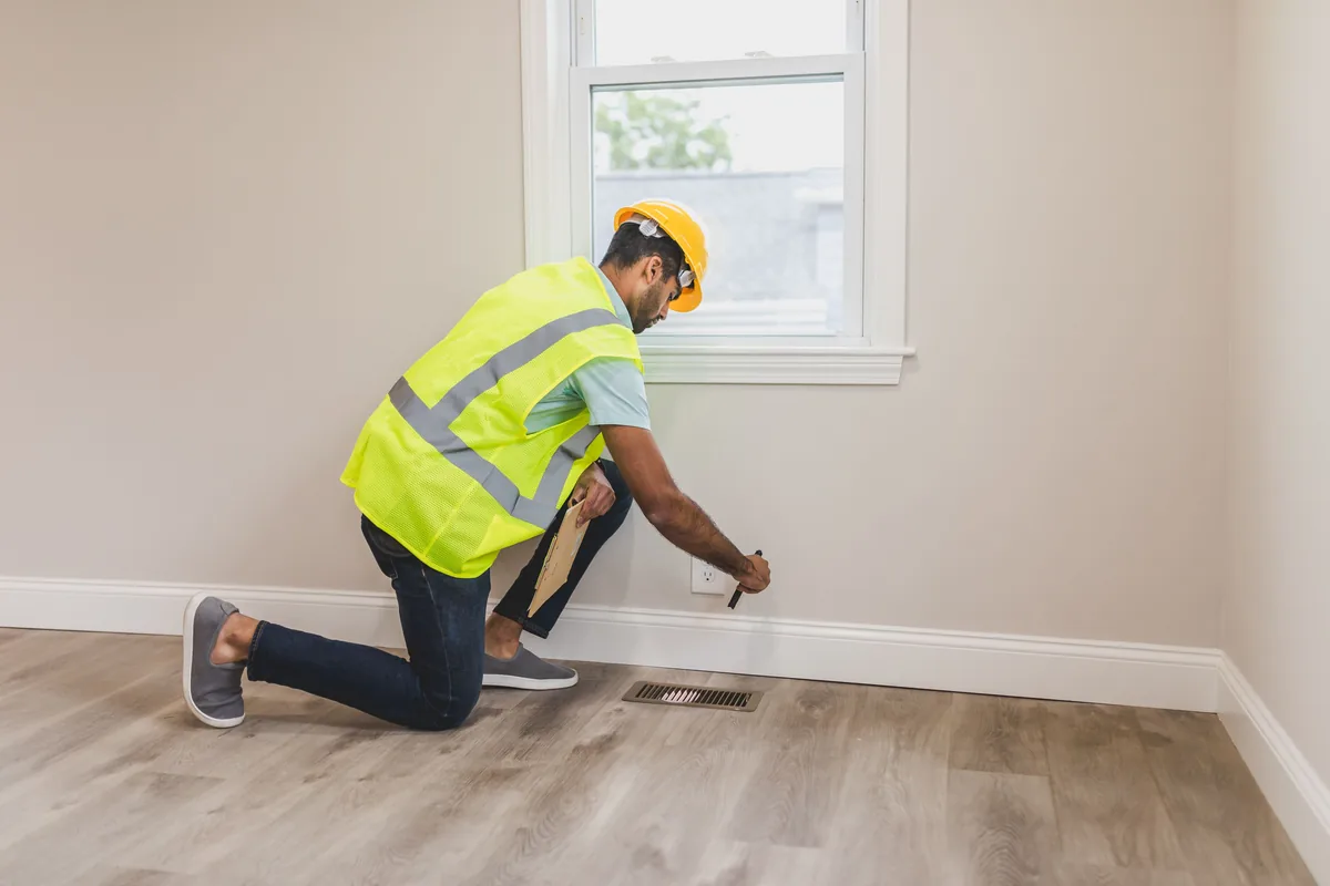 Technician removing rotted subfloor near a plumbing penetration in a Florida home before rebuilding the floor